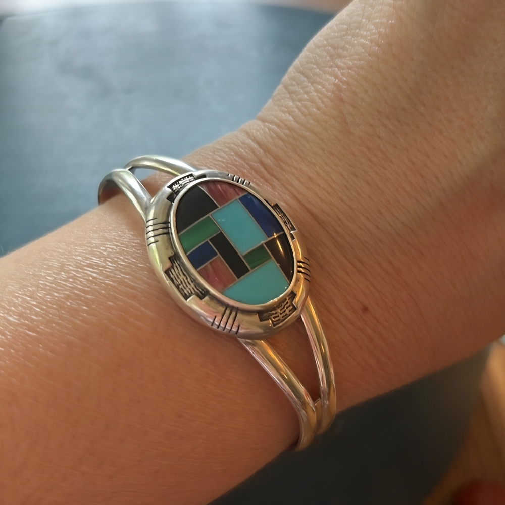 Vintage Carolyn Pollack Sterling Inlaid Cuff Bracelet